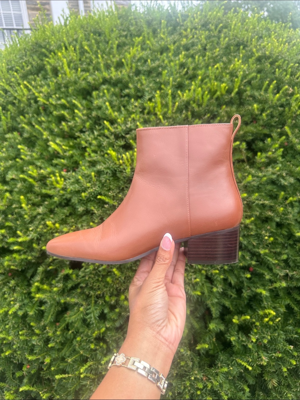 Talbots Cognac Leather Ankle Bootie with Block Heel